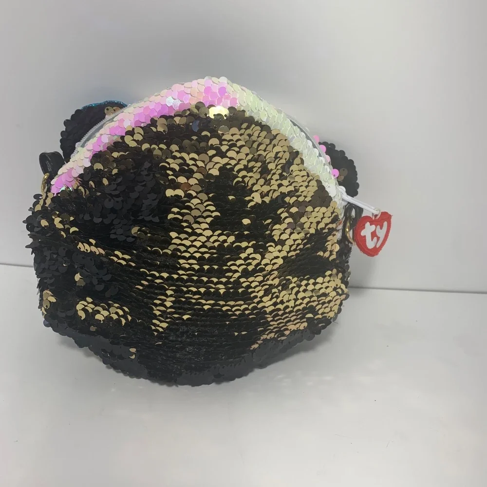 Ty Sequin Panda‎ Face Bag Purse 8” Reversible Sparkle Sequins Plush Blue Eyes